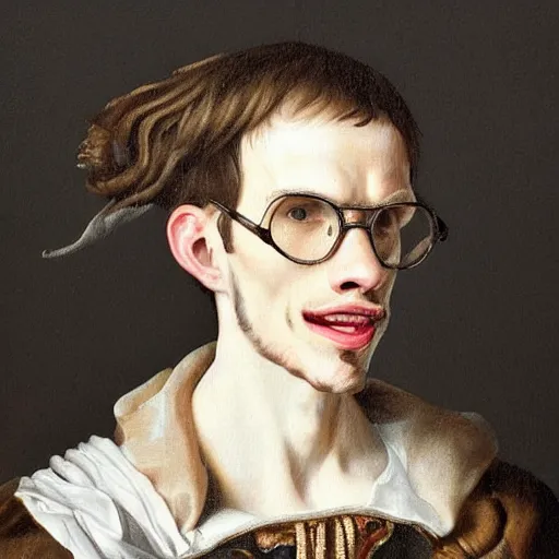 Image similar to A 17th century Baroque Painting of iDubbbz, grainy, realistic, hyperrealistic, very realistic, very very realistic, highly detailed, very detailed, extremely detailed, detailed, digital art, trending on artstation, detailed face, very detailed face, very detailed face, realism, HD Quality, 8k resolution, intricate details, body and head in frame, painting, oil painting, trending on deviantart, Baroque Painting