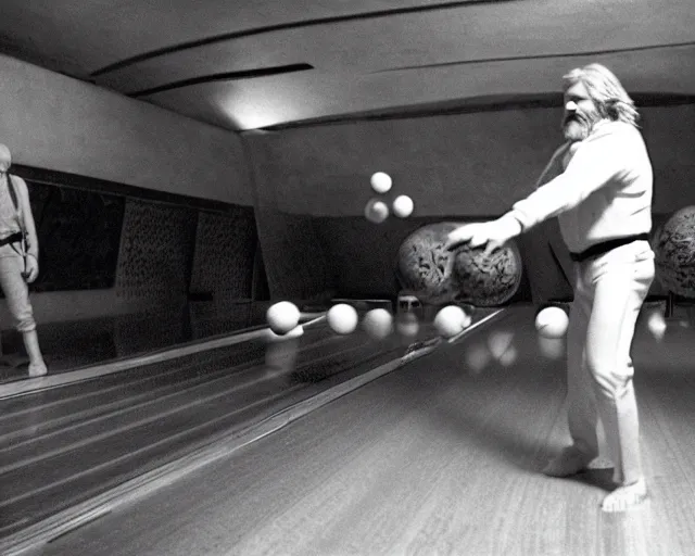 Image similar to Jeff Bridges from The Big Lebowski throwing a bowling ball in the Mos Eisley Cantina in Star Wars