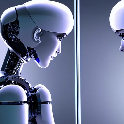 Image similar to humanoid robot using a mirror, human reflection touching the robot's finger through the mirror, dramatic, cinematic, ultra - detailed, 8 k,