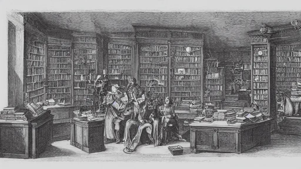 Prompt: engraving of a magic bookstore