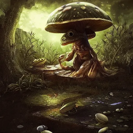 Image similar to A scary godlike fairy killing a frog. award winning. superb resolution. in the art style of junji Ito and greg rutkowski . Detailed Mushroom city in background. Hyper realistic anime. Perfect art. Dalle2