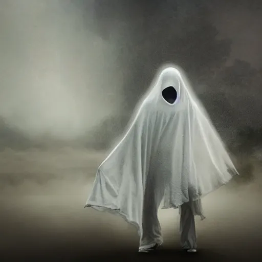 Image similar to ominous bedsheet ghost walking through the center of a battlefield, oil painting, gloomy misty atmosphere, symmetrical, full body image, highly ornate intricate details, very sharp photo,