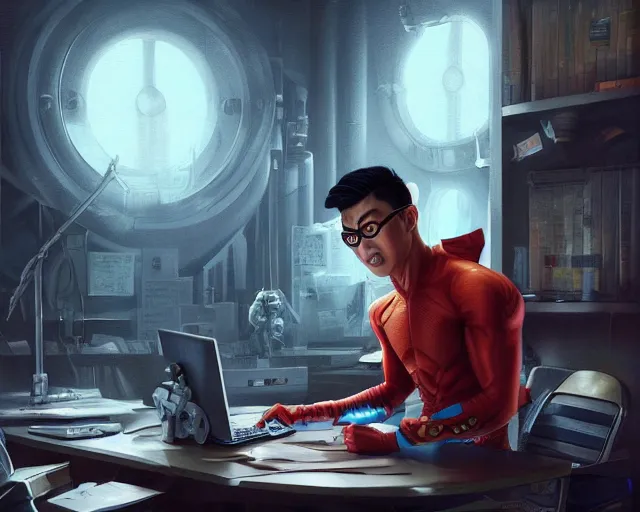 Image similar to an insanely detailed painting of a nerdy asian man wearing a superhero costume, sitting at a desk, staring at the nervously at the computer and typing, in the style of peter mohrbacher, dramatic lighting and composition, octane render, pixar, trending on artstation, concept art, comic book, view from behind