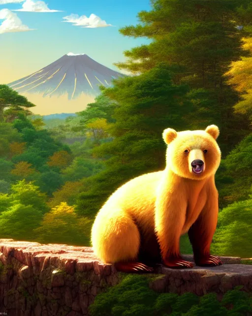 Image similar to a bear rabbit hybrid, sitting in tokyo, unique, sunny day, highly detailed, masterpiece, award winning, realistic, art by thomas cole and studio ghibli