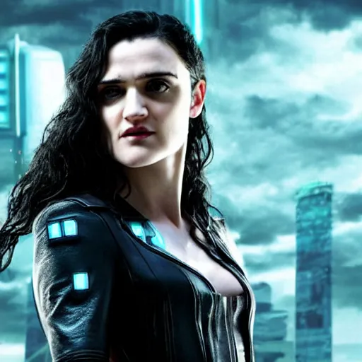 Image similar to Katie McGrath as Cyberpunk Morgana