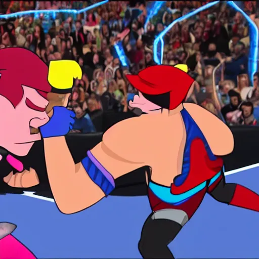 Image similar to a among us character faces off against a fall guys character in a wwe match.