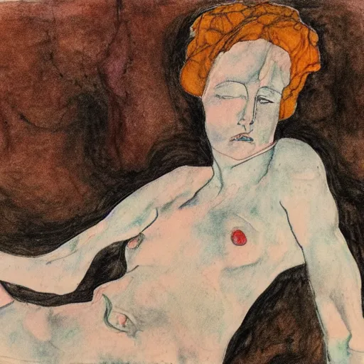 Prompt: pencil, ink and colour wash life drawing of reclining female, in the style of egon schiele
