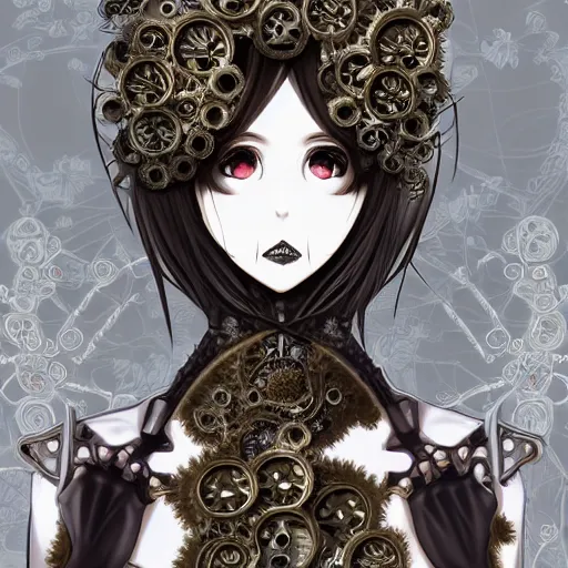 Image similar to surreal manga anime photo portrait of complex bio-mechanical beautiful young female skeletal cyborg with a Mandelbrot fractal steampunk metal fine lace face, retrofuturistic depressing, floral foliage super big lace collar, rococo, steampunk, 8k