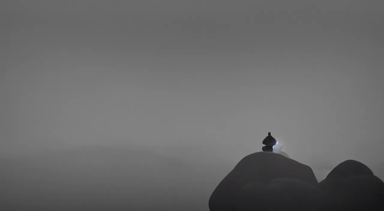 Prompt: matthew snowden painting style a lonely silhouette of a meditating monk sitting in the fog on a stone protruding from the water in the rays of the morning sun, the focus of the camera on the monk.