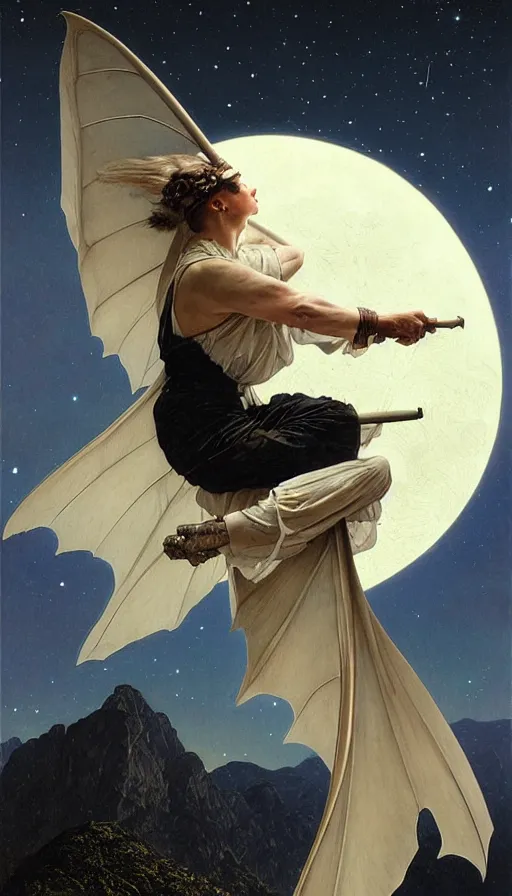 Image similar to hyper realistic white bat, flying against a dark black night sky, mountain in the background, moonlight, denoised, very detailed, painted by james gurney, alphonso mucha, norman rockwell, tom bagshaw