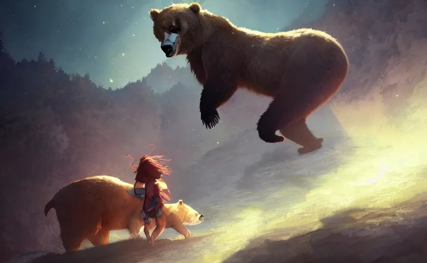 Image similar to a girl riding a grizzly bear, full shot, atmospheric lighting, detailed faces, by makoto shinkai, stanley artgerm lau, wlop, rossdraws