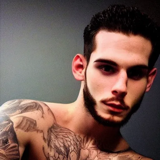 Image similar to “a realistic detailed photo of a guy who is an attractive humanoid who is half robot and half humanoid, who is a male android, Tyler Seguin, shiny skin, posing like a statue, blank stare”