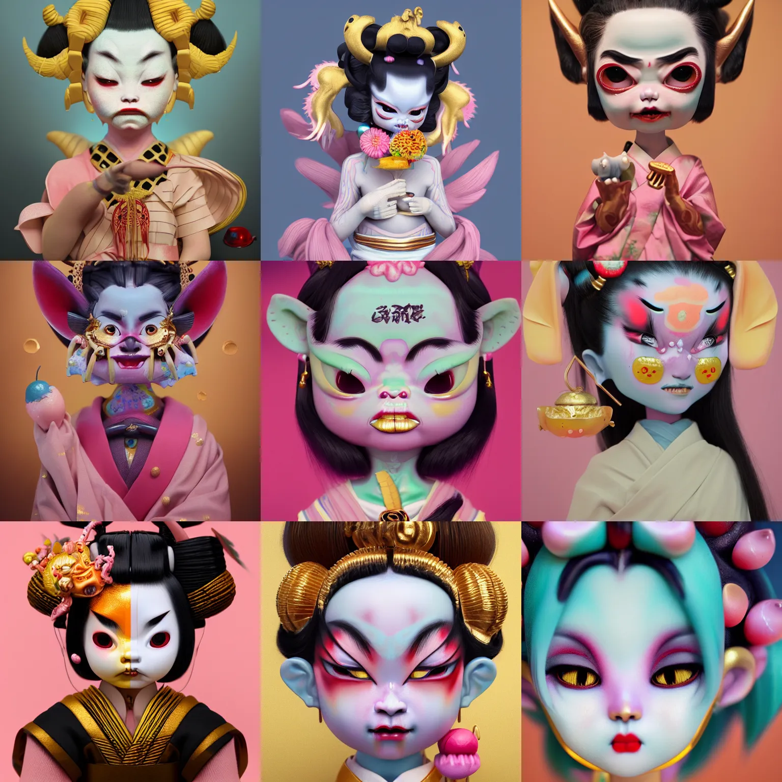 Prompt: an oni demon geisha by amy sol hikari shimoda, mark ryden, cute, weird, cool, pastel colors, gold, plastic, artstation, houdini sidefx, octane 3 d, 8 k