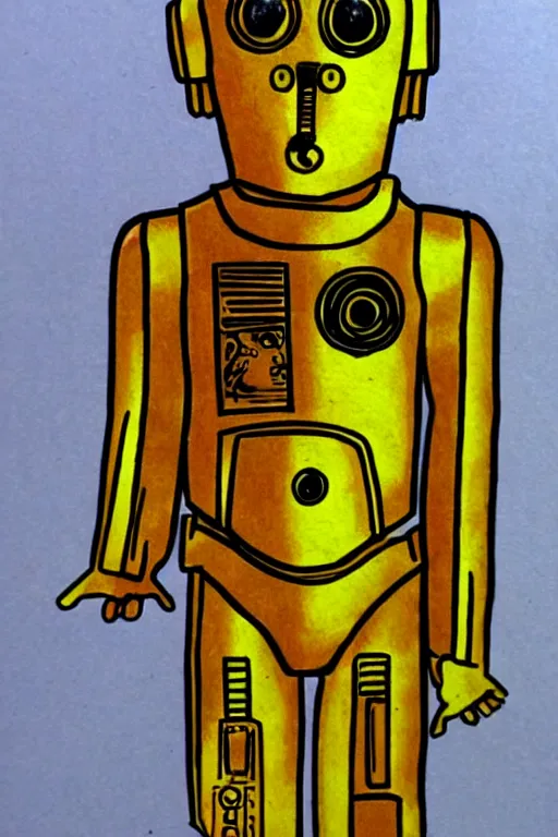 Prompt: very simple drawing of c 3 po as made by a child, crayon