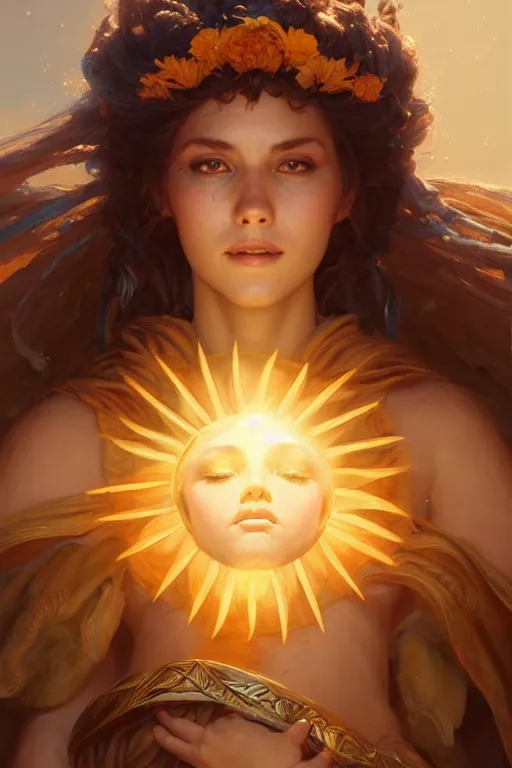 Image similar to goddess of the sun, highly detailed, digital painting, artstation, concept art, smooth, sharp focus, illustration, unreal engine 5, 8 k, art by artgerm and greg rutkowski and edgar maxence