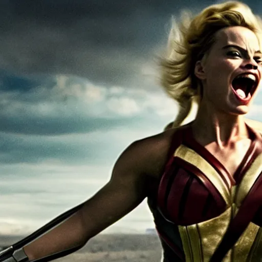 Image similar to an award winning cinematic still of beautiful Margot Robbie as Wolverine in epic battle pose , 16k hyper realistic photograph, centered, dramatic lighting