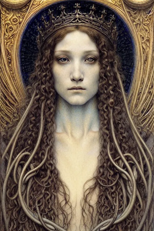 Image similar to detailed realistic beautiful young medieval queen face portrait by jean delville, gustave dore and marco mazzoni, art nouveau, symbolist, visionary, gothic, pre - raphaelite. horizontal symmetry