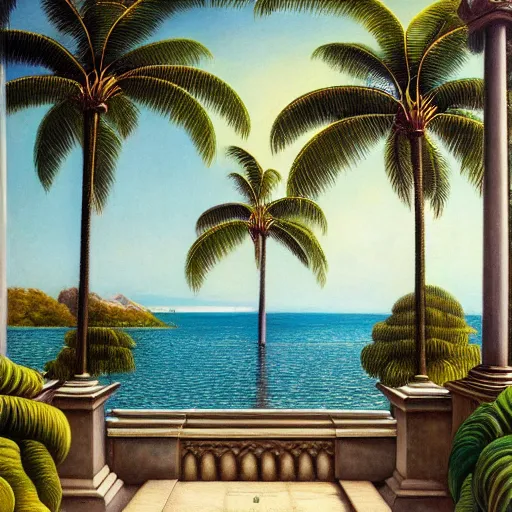 Image similar to a ultradetailed beautiful painting of the amazonas palace balustrade designed by edward robert hughes, tarsila do amaral, frank weston and gustave baumann, beach, trending on artstation, mediterranean, palm trees, detailed face, sharp focus, soft light, 8 k 4 k