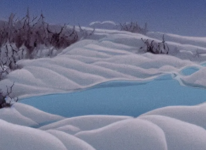 Image similar to stark minimalist frozen creek snowdrift landscape by bill watterson from mulan ( 1 9 9 8 )