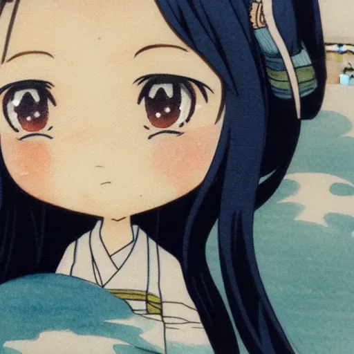 Prompt: beautiful water color concept art of face detailing cute nendoroid girl in the style of hokusai , toon rendering, close-up, no shade, modern art, kyoto animation