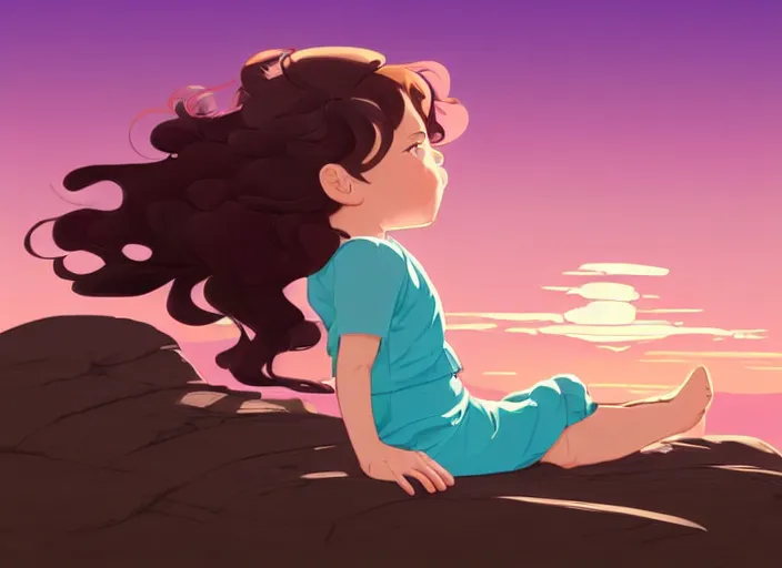 Prompt: a little girl with short wavy curly light brown hair sitting on a rock. background is a pink and blue sunrise sky. clean cel shaded vector art. shutterstock. behance hd by lois van baarle, artgerm, helen huang, by makoto shinkai and ilya kuvshinov, rossdraws, illustration, art by ilya kuvshinov