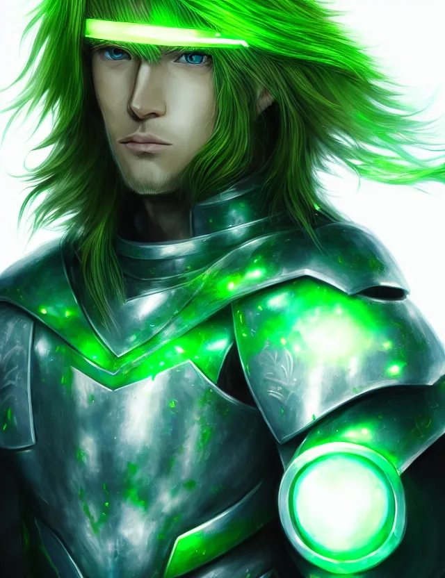 Image similar to an excellent anime portrait of a long haired blonde man with blue eyes in green armour glowing with green energy, trending on artstation, digital art, 4 k resolution, detailed, high quality, sharp focus, hq artwork, coherent, insane detail, character portrait, body portrait