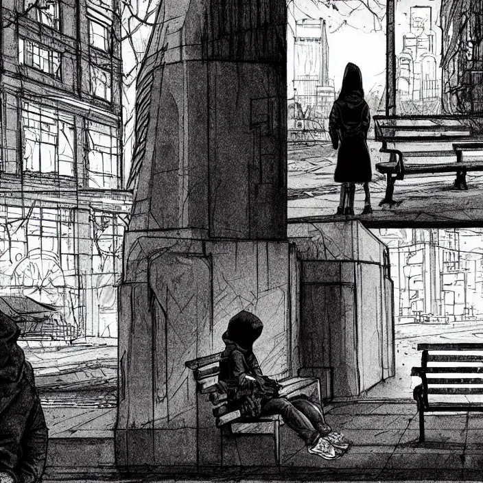 Prompt: storyboard : sadie sink in hoodie sat down on bench in ruined square, pedestrians walk by, old soviet monument. scifi cyberpunk. drawn by gabriel hardman. cinematic atmosphere, detailed and intricate, perfect anatomy