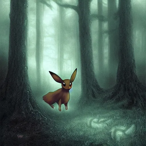 Prompt: an eevee pokemon as a cryptid in a dark ominous forest, foggy, dim lighting, artwork by andrew ferez