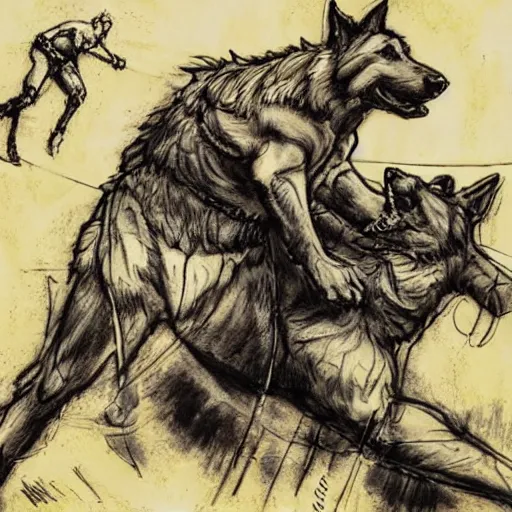 Image similar to a humanoid german shepherd beast - man wrestling with another german shepherd in the middle of an arena, pencil art, added detail, high definiton, colored, aerial viewyoji shinkawa