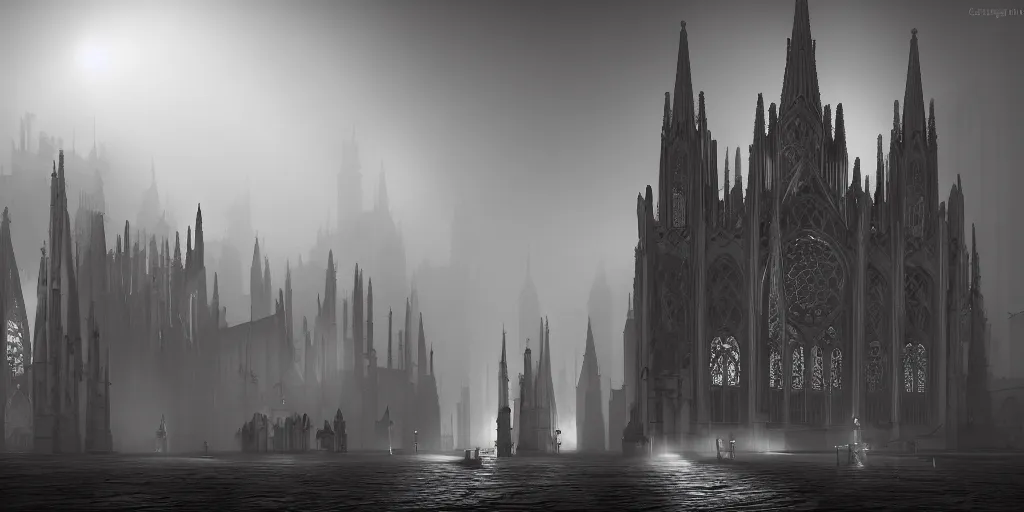 Prompt: gothic cathedral, light through the mist, dramatic lighting, photorealistic, cinematic lighting, high detail, cinematic feel, high octane, 4K, Unreal Engine, digital render, intricate, ultra realistic