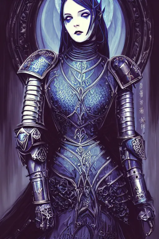 Prompt: beautiful gothic and victorian and evil and dieselpunk medieval female blue armor knight portrait, like lisa blackpink+smoky eyes+light flowing hair, ruin gothic cathedral, ultradetail face, art and illustration by tian zi and craig mullins and WLOP and alphonse mucha, fantasy, intricate complexity, human structure, fantasy world concept, watermark, blurry, hyperrealism 8k