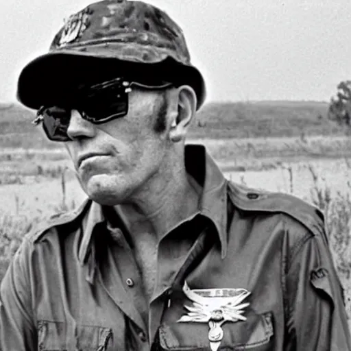 Image similar to vintage photograph of hunter s. thompson as a us soldier in the vietnam war, very detailed, very intricate,