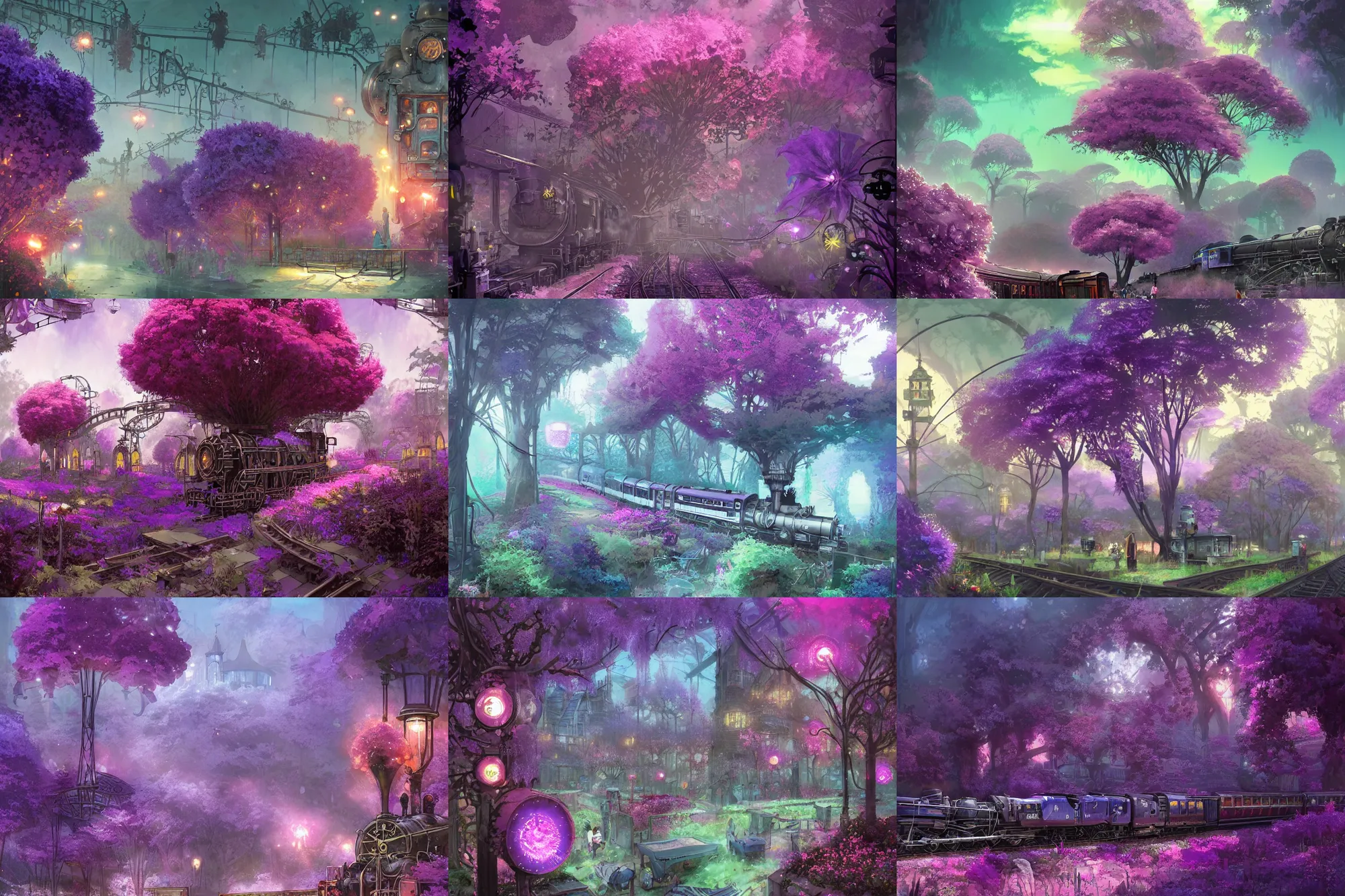 Prompt: purple flower trees, steampunk!!!! train, ice, steam machines, garden, grainy texture, infographic with illustrations, glowing lights, epic fantasy, colorfully, digital art, highly saturated colors, concept art, detailed illustration, hd, 4 k, digital art, greg rutkowski, dan mumford, studio ghibli trending on artstation