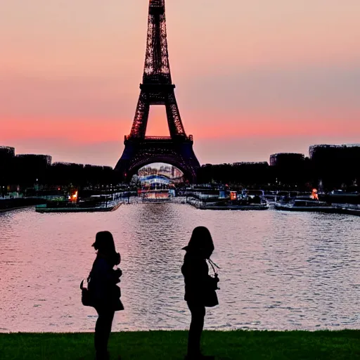 Prompt: Eiffel tower at sunset with Chinese tourists everywhere, Chinese flags