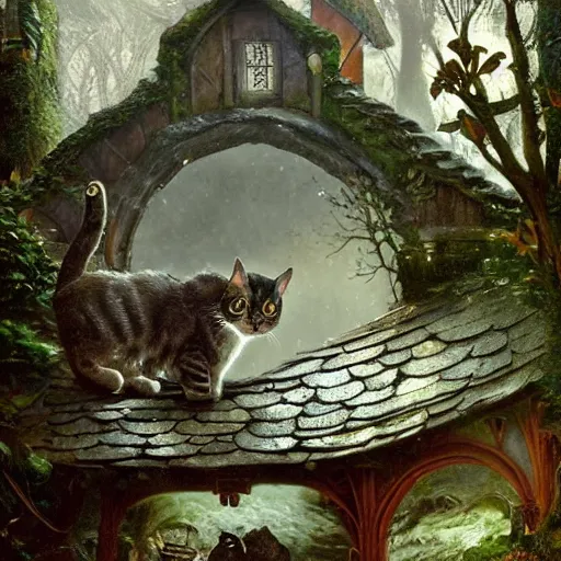 Image similar to cat in medieval hobbit house, ornate, beautiful, atmosphere, vibe, mist, smoke, fire, chimney, rain, wet, pristine, puddles, melting, dripping, snow, creek, lush, ice, bridge, forest, roses, flowers, by stanley artgerm lau, greg rutkowski, thomas kindkade, alphonse mucha, loish, norman rockwell