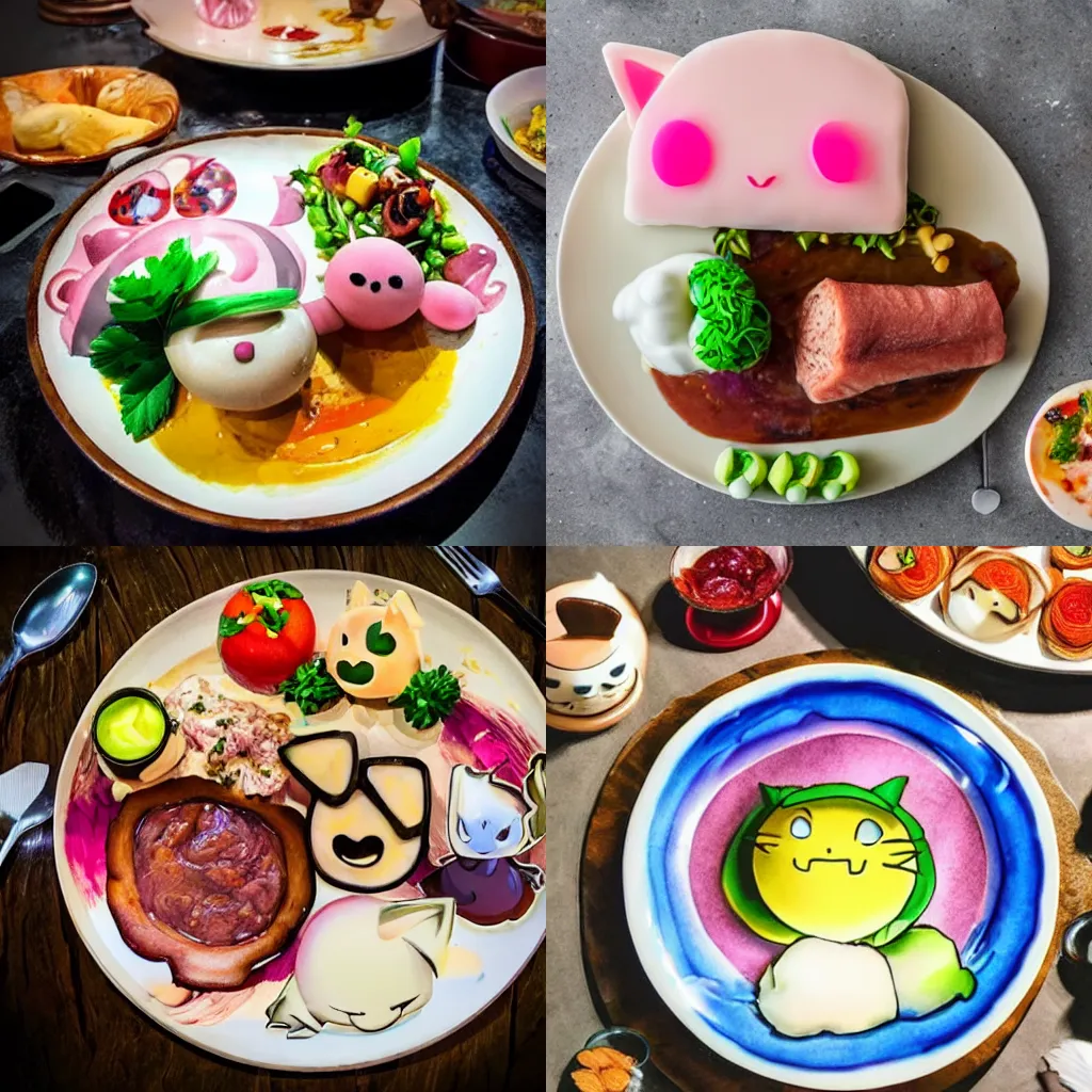 Prompt: a shot of a beautiful delicious plate of food, a hand crafted chef artisan meal made of jigglypuff, amazing food illustration, chef table, in style of studio ghibli, miyazaki, anime