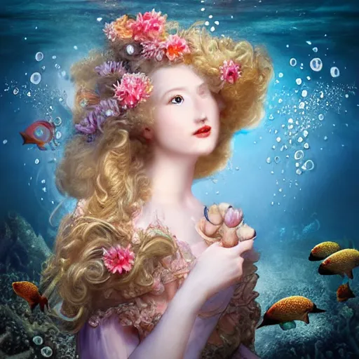 Image similar to underwater , a stunning beautiful rococo-era girl with blonde long hair and pale skin, abundant detail, fish , long dress character photography art