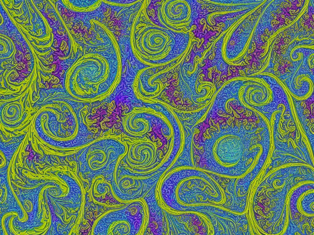 Image similar to 3d fractal swirling maze paisley colors lichen patterns