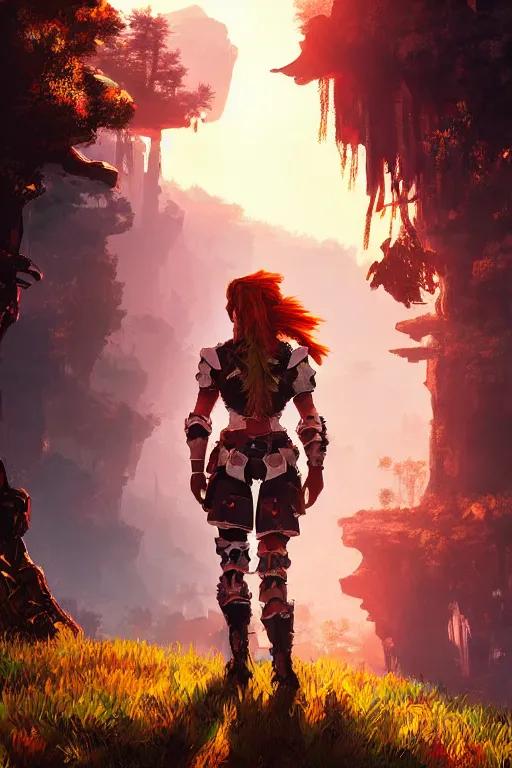 Image similar to combination suit armor aloy horizon forbidden west horizon zero dawn radiating a glowing aura global illumination ray tracing hdr fanart arstation by ian pesty and alena aenami artworks in 4 k tribal robot ninja mask helmet backpack