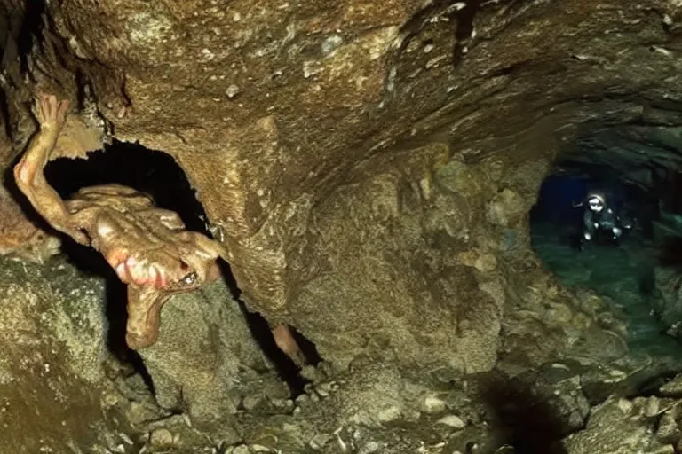 Prompt: demonic creature caught on old cave diving footage