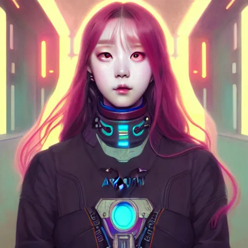 Prompt: portrait painting of cyberpunk chuu from loona as a cheerful smiling mercenary, ultra realistic, concept art, intricate details, eerie, highly detailed, photorealistic, octane render, 8 k, unreal engine. art by artgerm and greg rutkowski and magali villeneuve and alphonse mucha