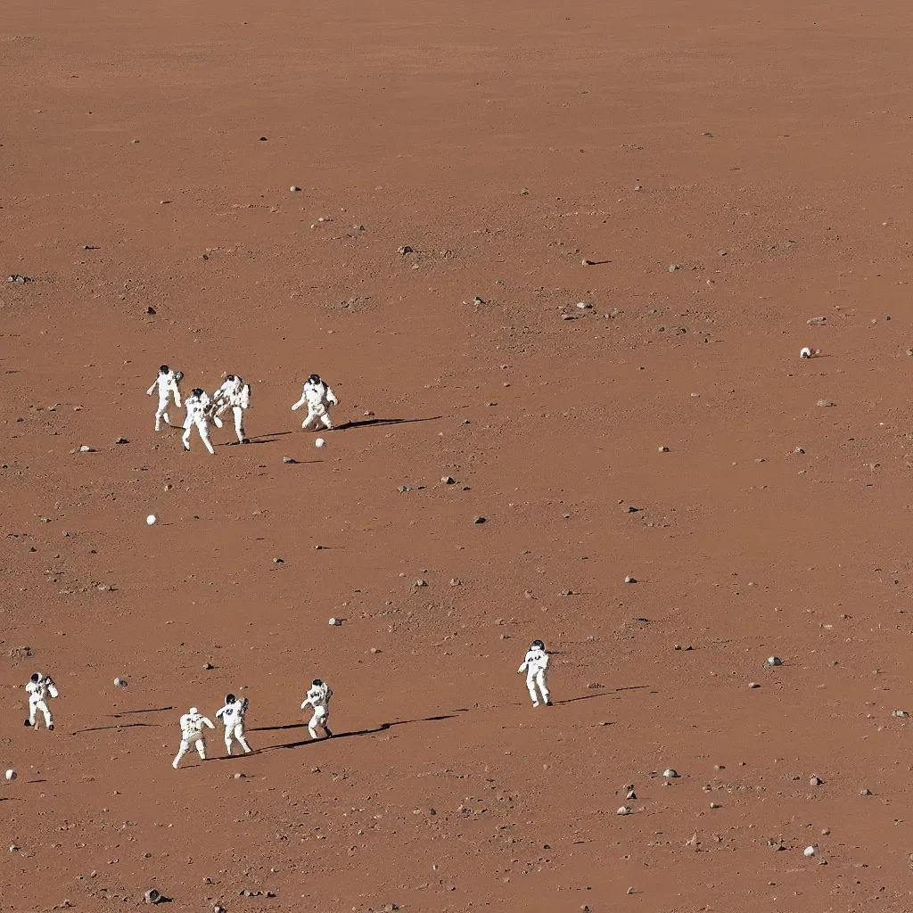 Image similar to astronauts playing soccer match on mars