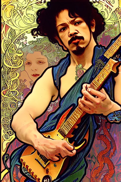 Prompt: realistic detailed face portrait of Carlos Santana playing guitar with snakes around and evolving from his body by Alphonse Mucha, Ayami Kojima, Amano, Art Nouveau, rich deep moody colors