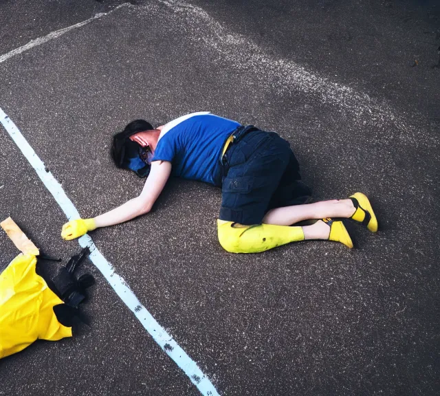 Prompt: crime scene photo of a minion lying dead on the pavement with a chalk outline around him