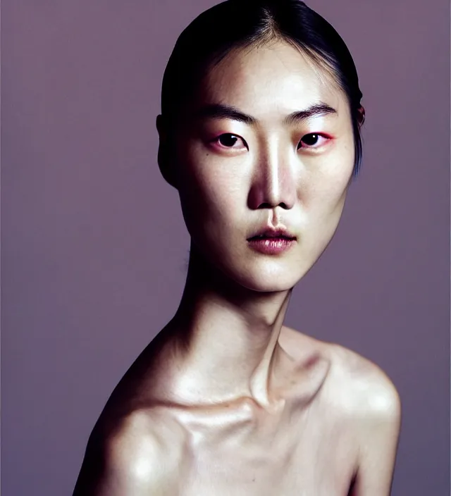 Image similar to photography facial portrait of liu wen, natural background, natural pose, wearing stunning cape by iris van herpen, with a colorfull makeup. highly detailed, skin grain detail, photography by paolo roversi, nick knight, helmut newton, avedon, araki