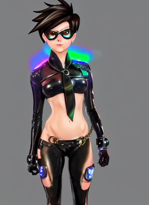 Image similar to full body digital artwork of tracer overwatch, wearing black iridescent rainbow latex bikini, 4 k, expressive happy smug expression, makeup, in style of mark arian, wearing detailed black leather collar, wearing chains, black leather harness, leather cuffs around wrists, detailed face and eyes,
