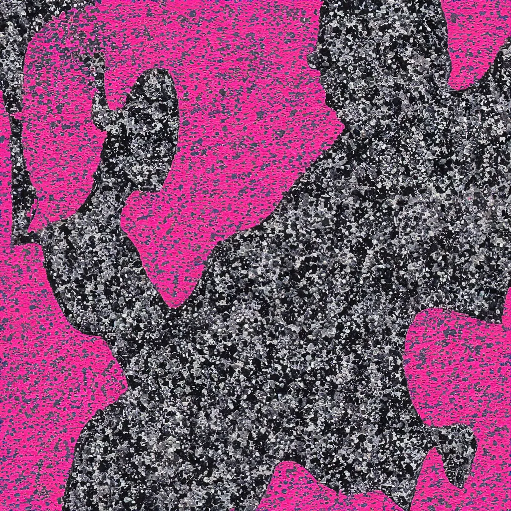 Image similar to camo made of out teeth, smiling, abstract, maya bloch artwork, pink convertible, do hoang tuong artwork, cryptic, dots, stipple, lines, splotch, concrete, color tearing, pitch bending, faceless people, tribal, dark, ominous, eerie, minimal, points, technical, painting