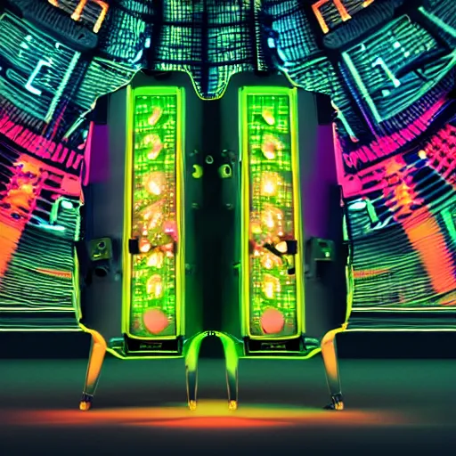 Image similar to mockup of an album is called tripmachine, tripmachine, photo of a huge atompunk machine with guitars and drums and pianos, connected with glowing tubes 8 k, fluorescent colors, halluzinogenic, multicolored, exaggerated detailed, front shot, 3 d render, octane