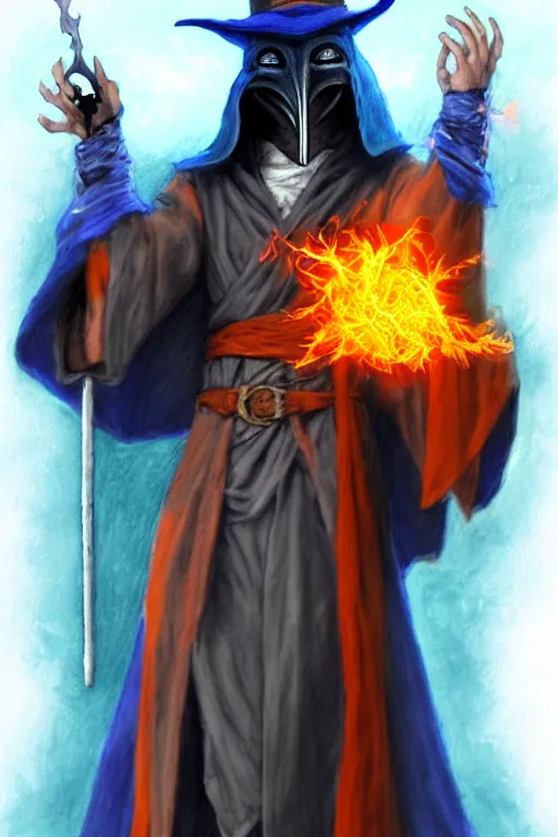 Image similar to a color pencil sketch of a plague doctor with a white plague mask and a blue wizard robe holding his right hand casting a orange firey spell, as a d & d character, blue robe, magical, blue and orange highlights, hip hop aesthetic, concept sheet, painting by gaston bussiere, demon slayer, akiri toriyama, dramatic lighting, professional digital art, anime