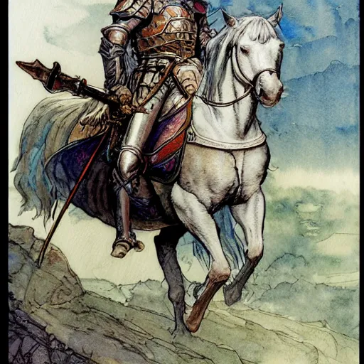 Image similar to a realistic and atmospheric watercolour fantasy concept art of a knight on a white horse, muted colors. by rebecca guay, michael kaluta, charles vess and jean moebius giraud,